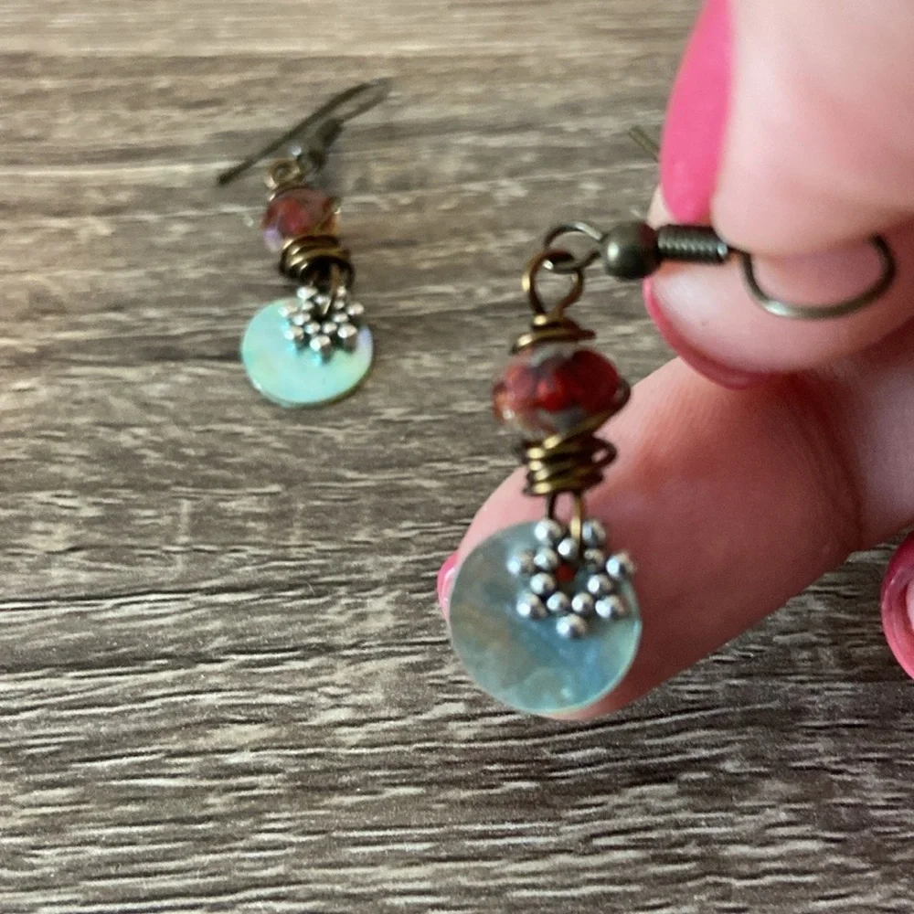 Handcrafted abalone shell dangle earrings beaded festival boho vacation jewelry